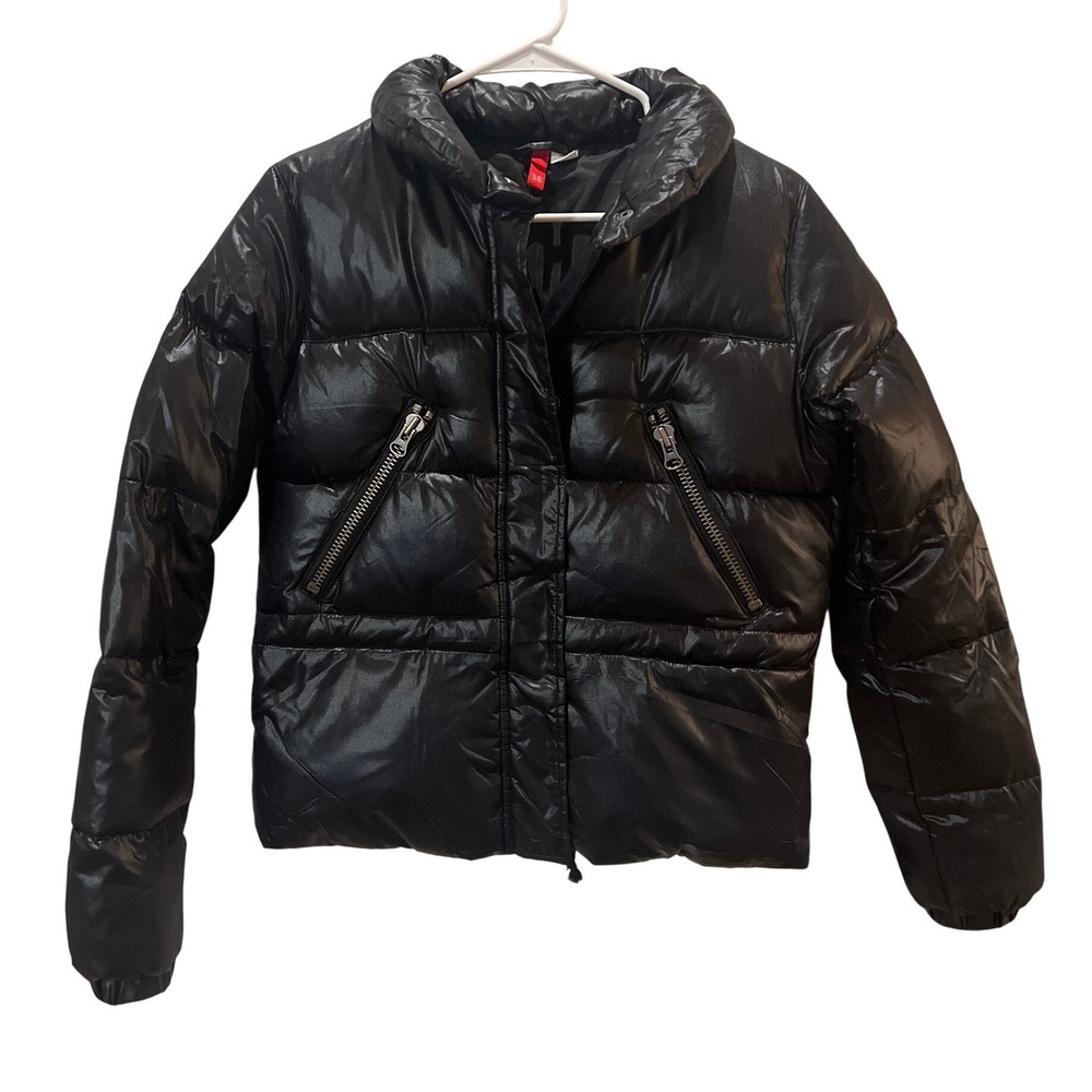 HM Womens Black Shiny Puffer Jacket Down Fill Zip Front Size 6 approximately